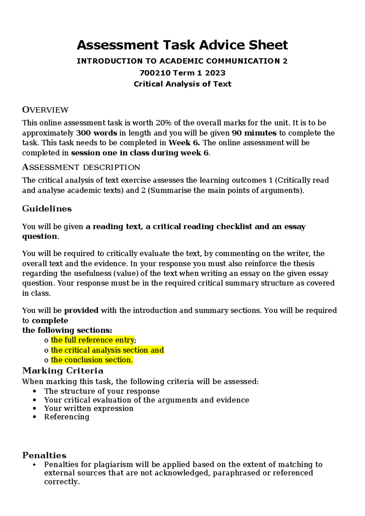 700210 Critical Analysis of Text Assessment Guidelines and Overview ...