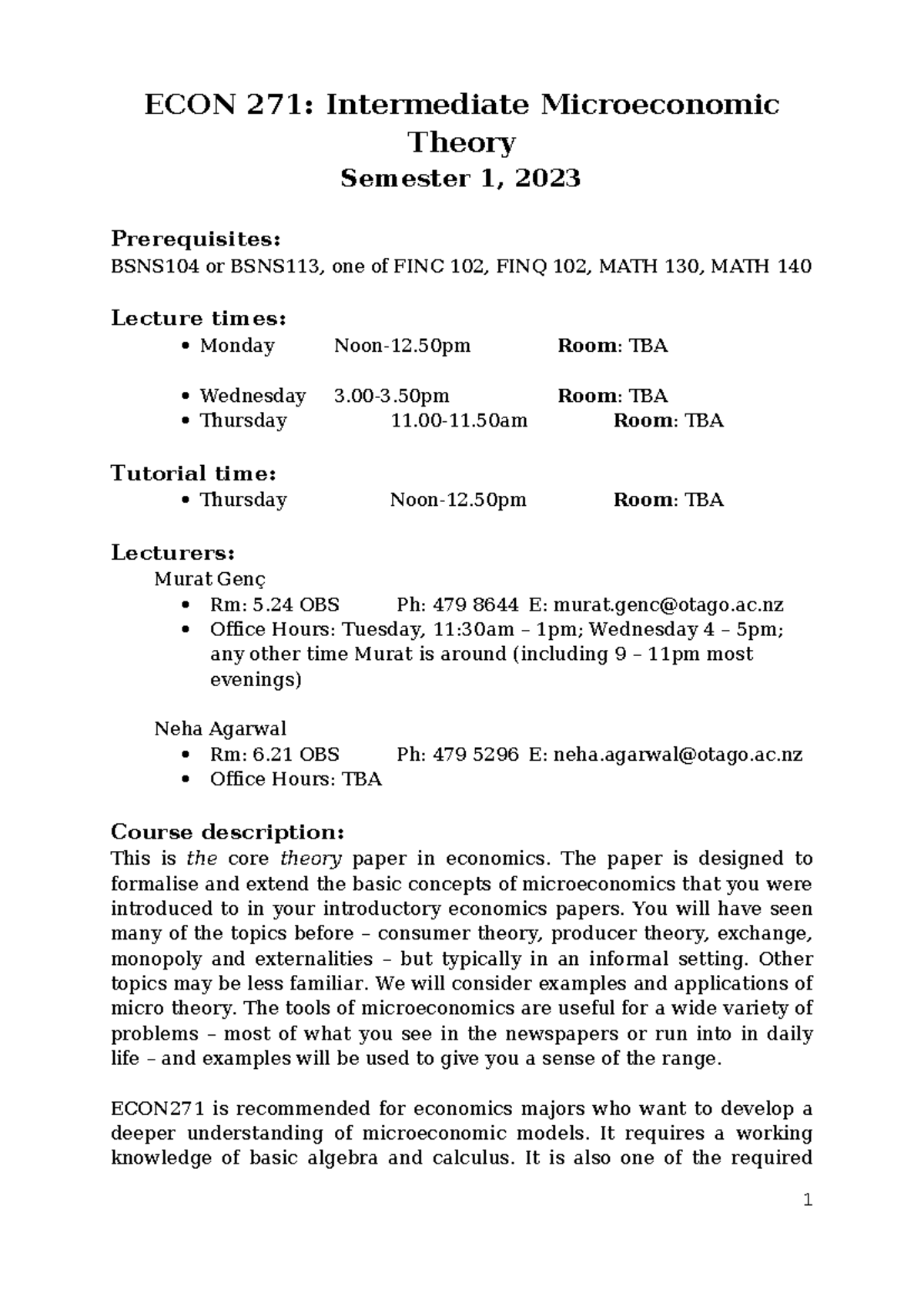 ECON271 Intermediate Microeconomics Course Handout 2024 - Studocu