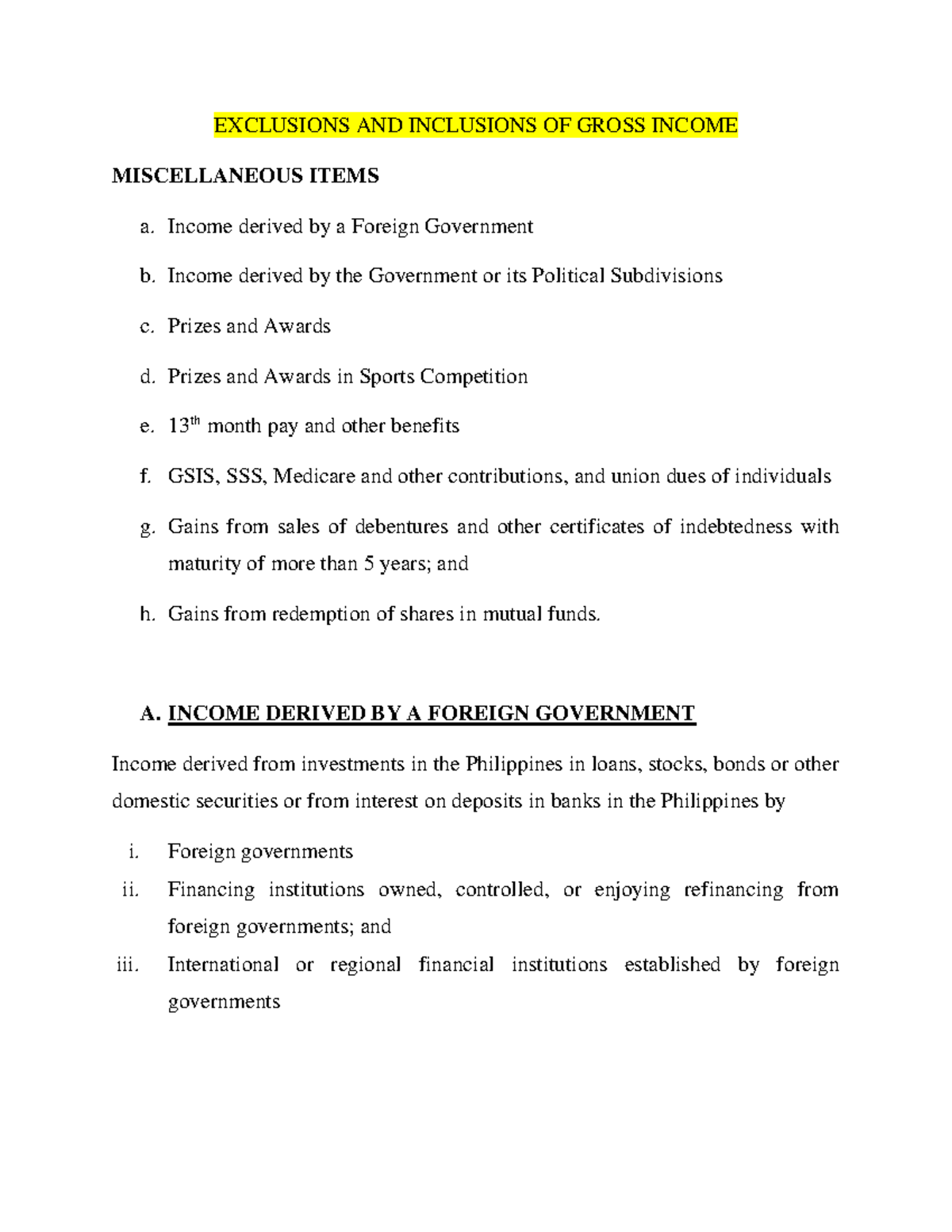 Income Taxation: Exclusions & Inclusions of Miscellaneous Items - Studocu