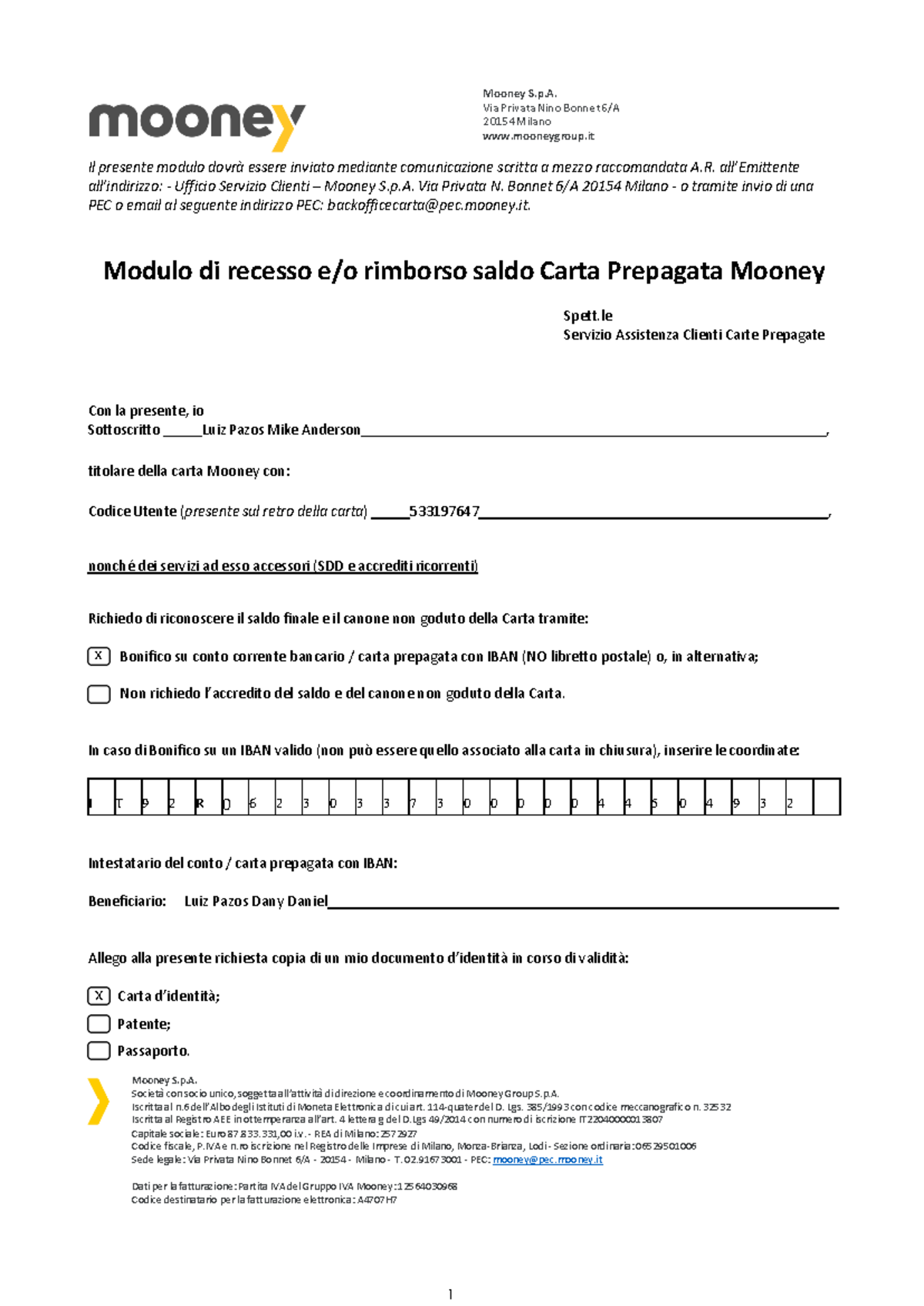 Modulo di Recesso e Rimborso Saldo Carta Mooney v3 - Studocu