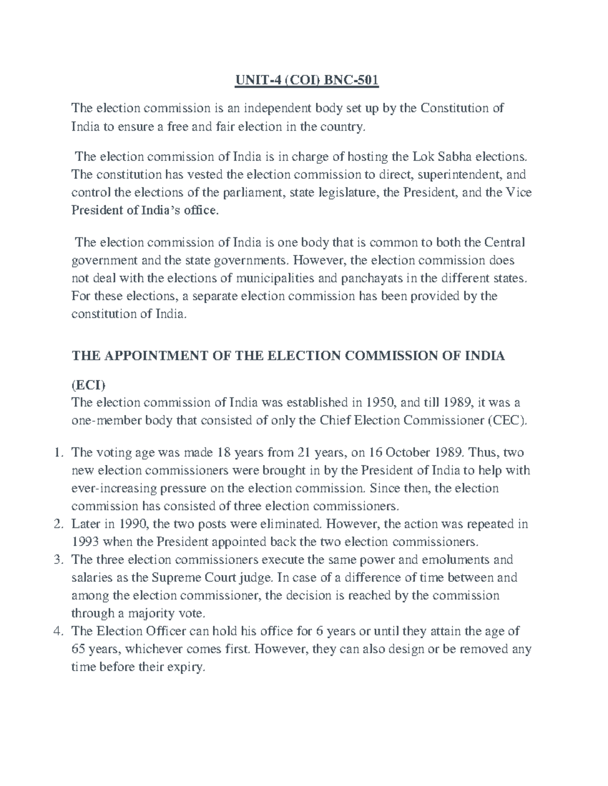 UNIT-4 Notes on Election Commission in COI - BNC-501 - Studocu