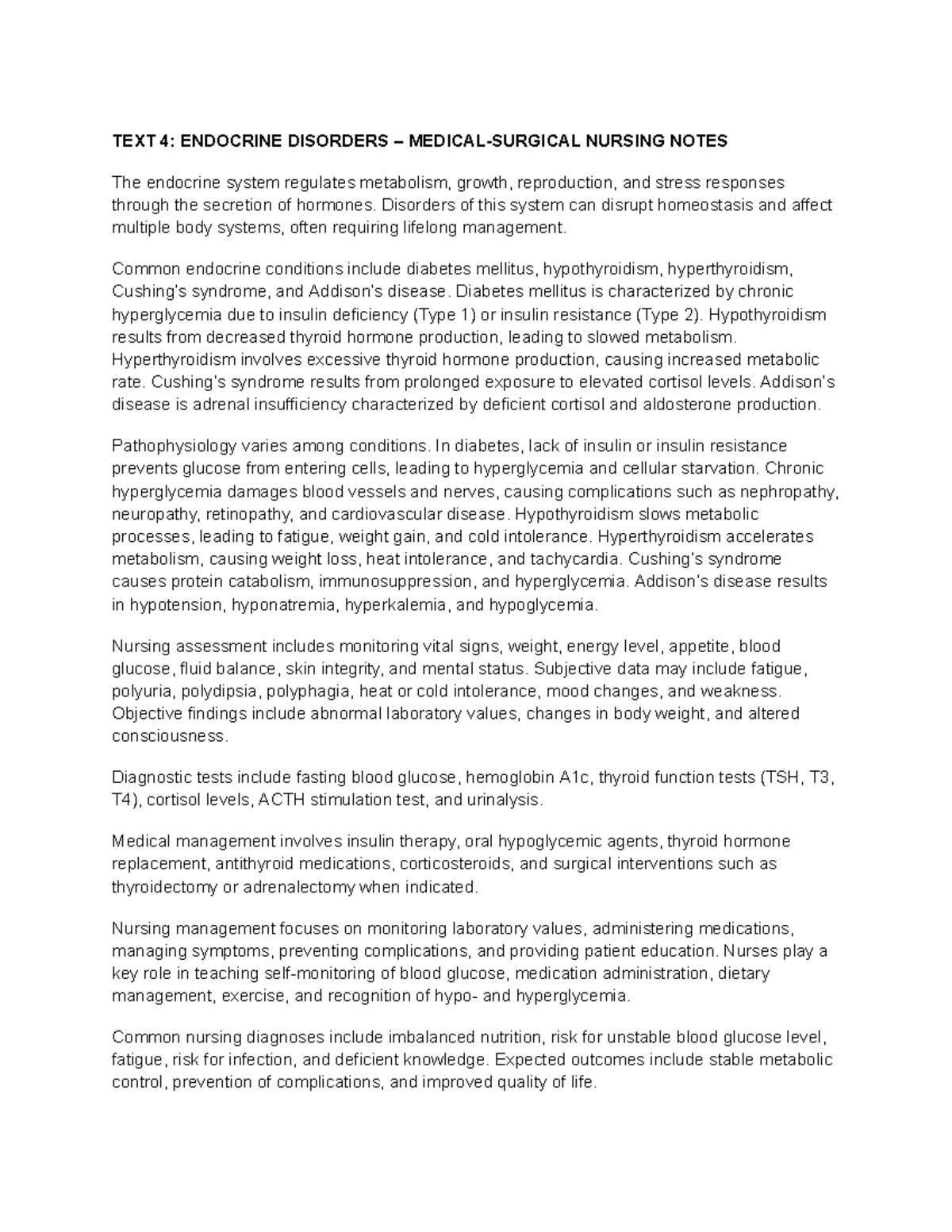 T4: Endocrine Disorders Nursing Notes and Management Strategies - Studocu