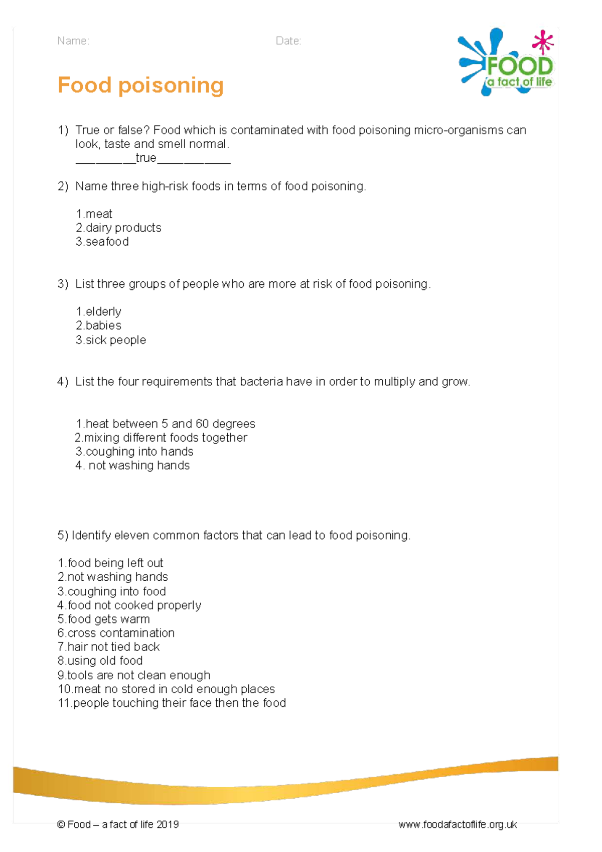 Food Poisoning Worksheet: Key Facts and Risks - Studocu