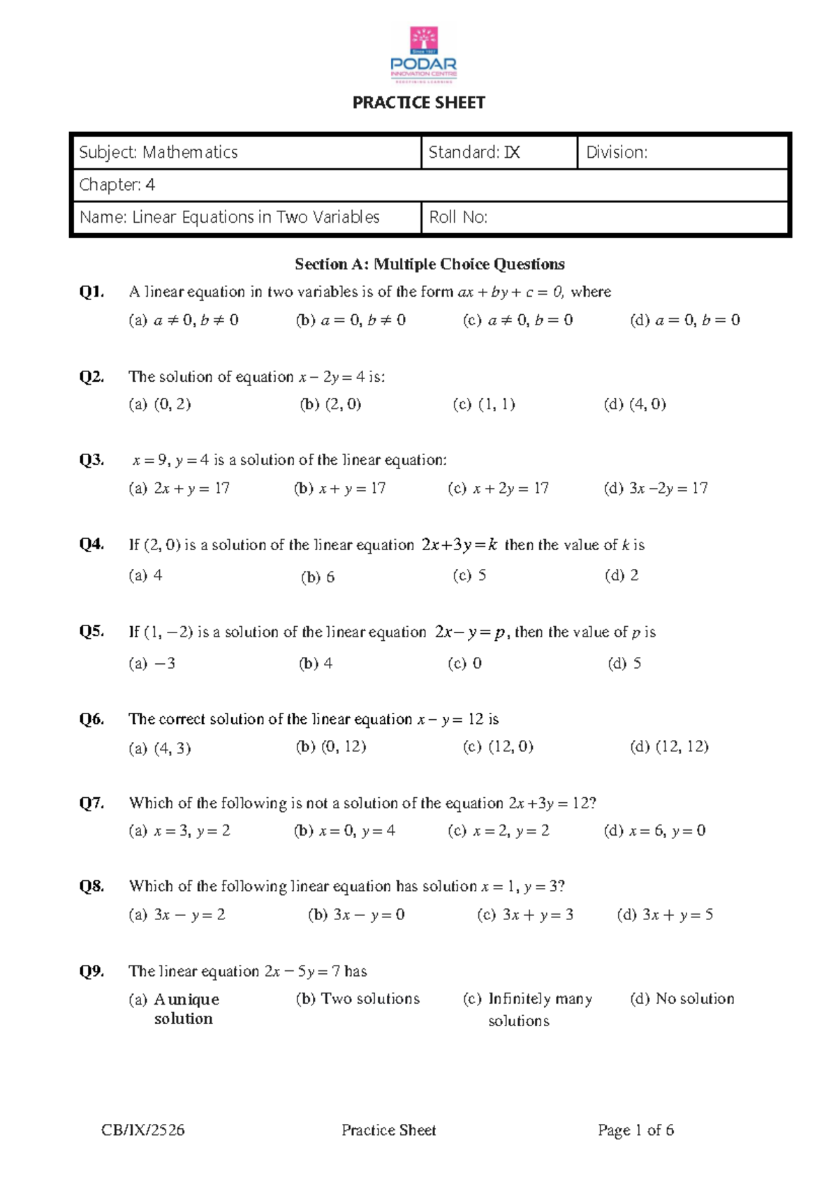 Mathematics IX Practice Sheet: Linear Equations in Two Variables - Studocu