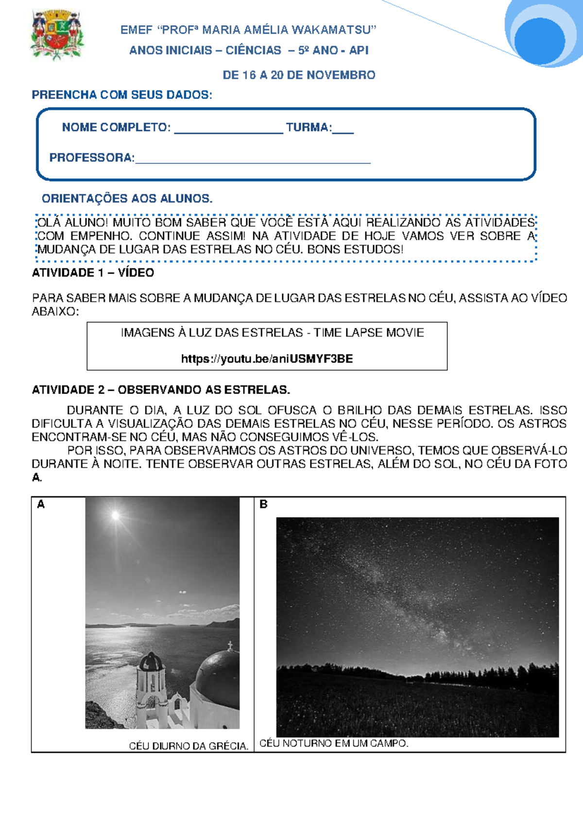 Ciências 5º ANO API - Atividade sobre Estrelas e Observação Celestial ...