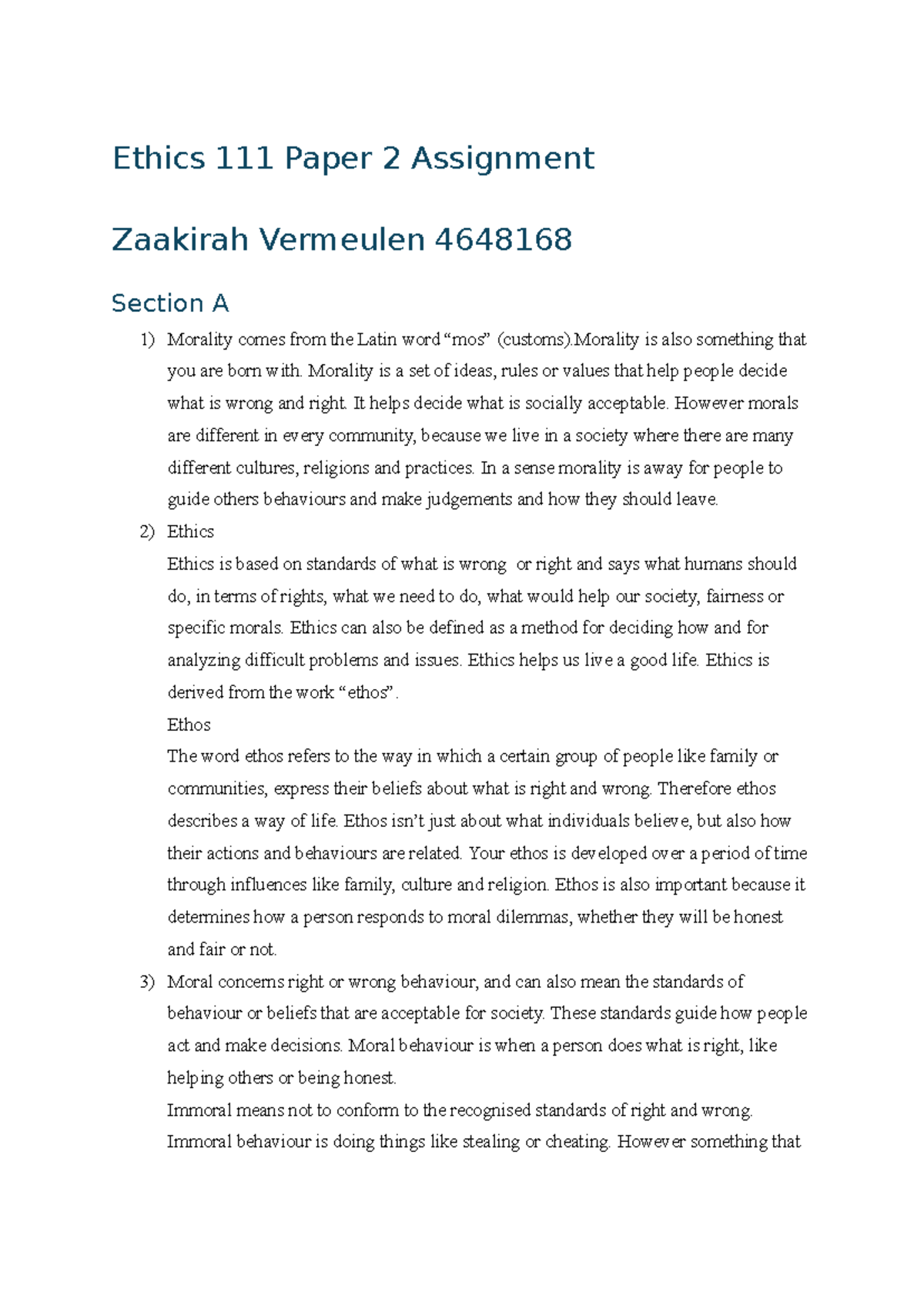 Ethics 111 Paper 2 Assignment: Exploring Morality and Ethics - Studocu