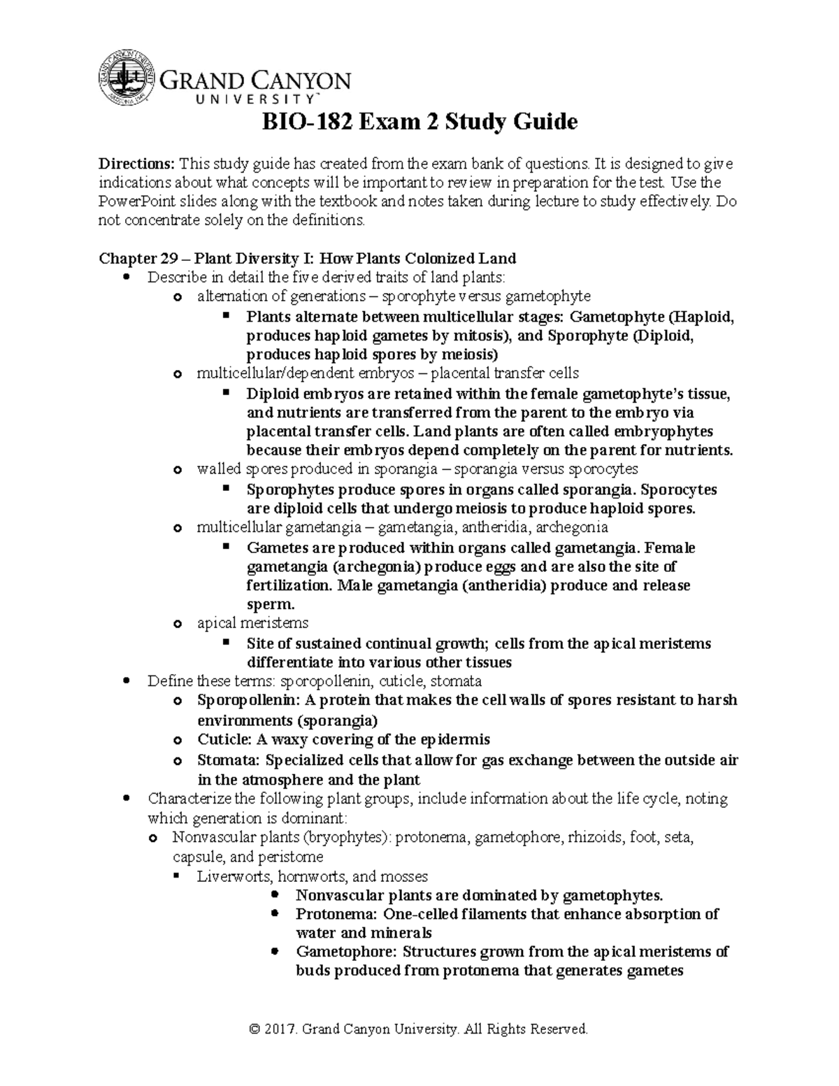 Exam 2 Study Guide: Key Concepts in Plant Diversity (BIO-182) - Studocu