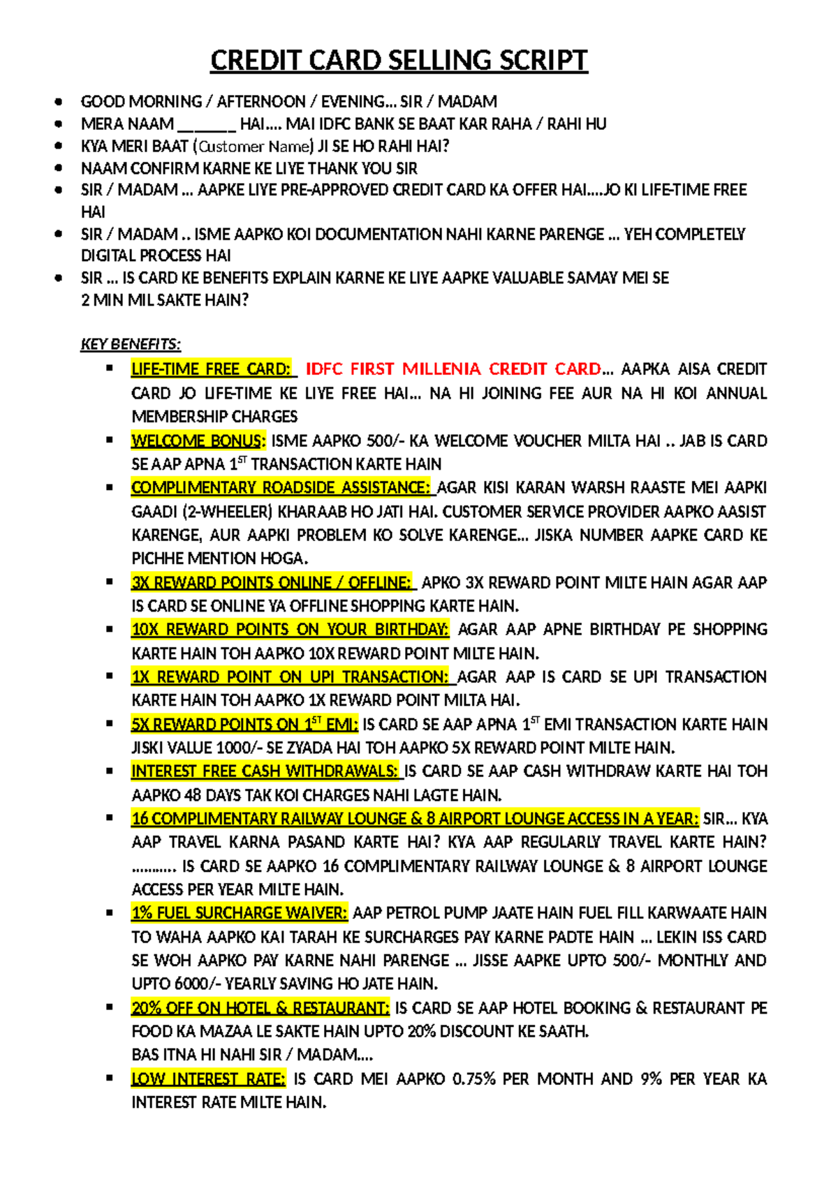 IDFC Bank Credit Card Selling Script - Updated Version - Studocu