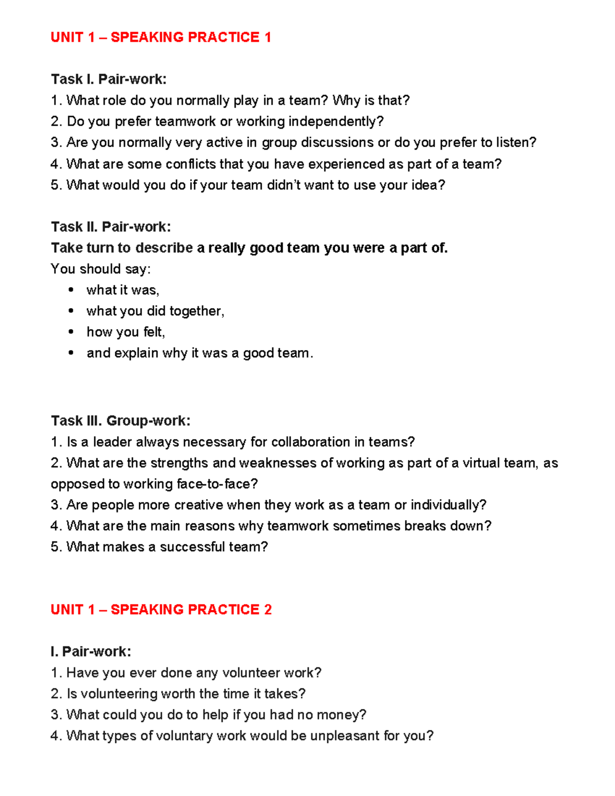 UNIT 1 SPEAKING PRACTICE: Teamwork & Volunteering Insights - Studocu