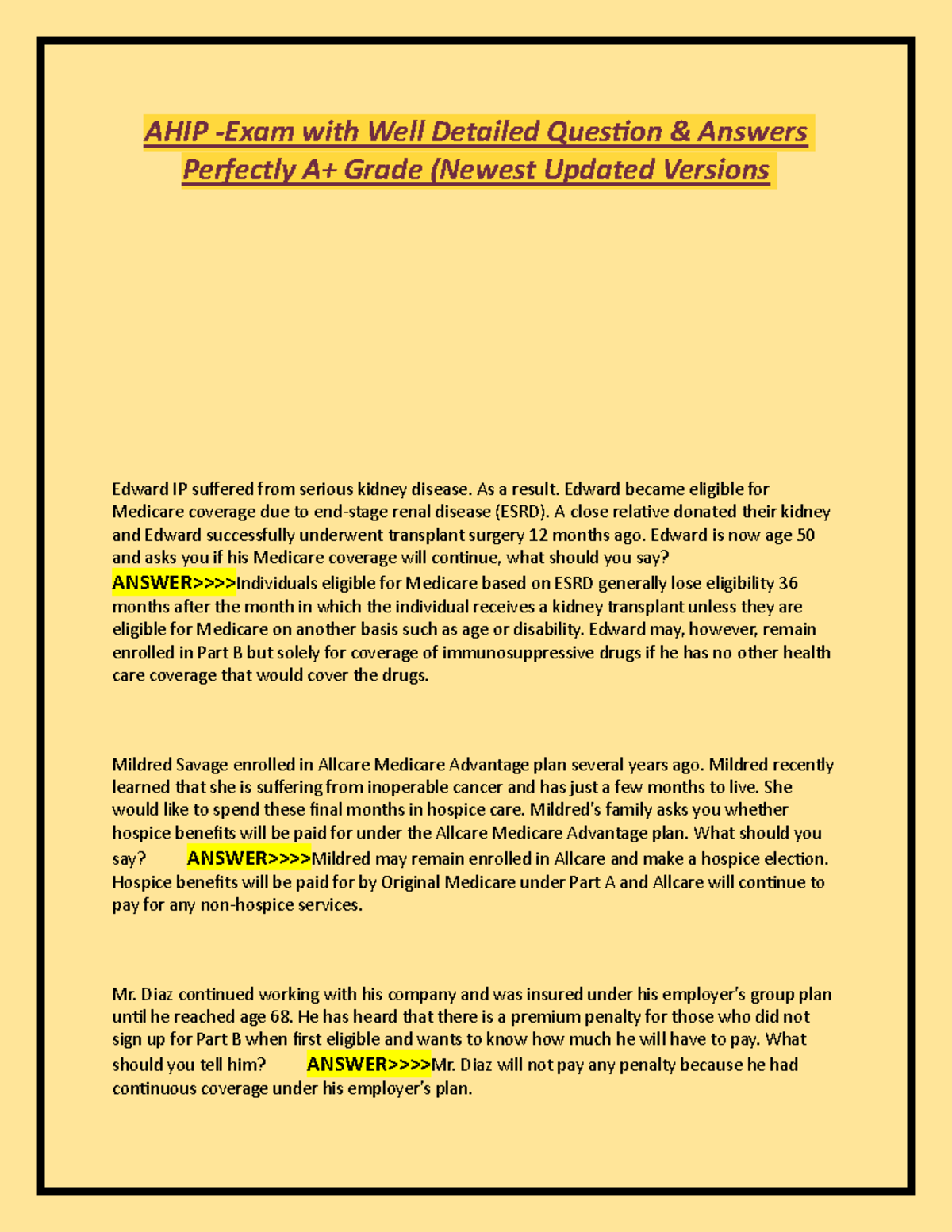 AHIP - Exam Q&A Guide for A+ Grade (Latest Updated Version) - Studocu