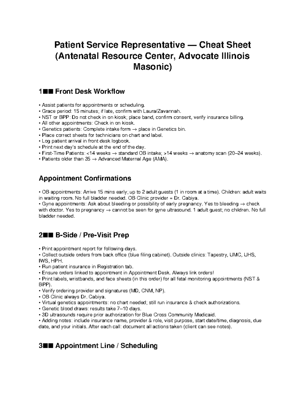 Patient Service Representative Workflow Cheat Sheet (Code: OB/GYN ...