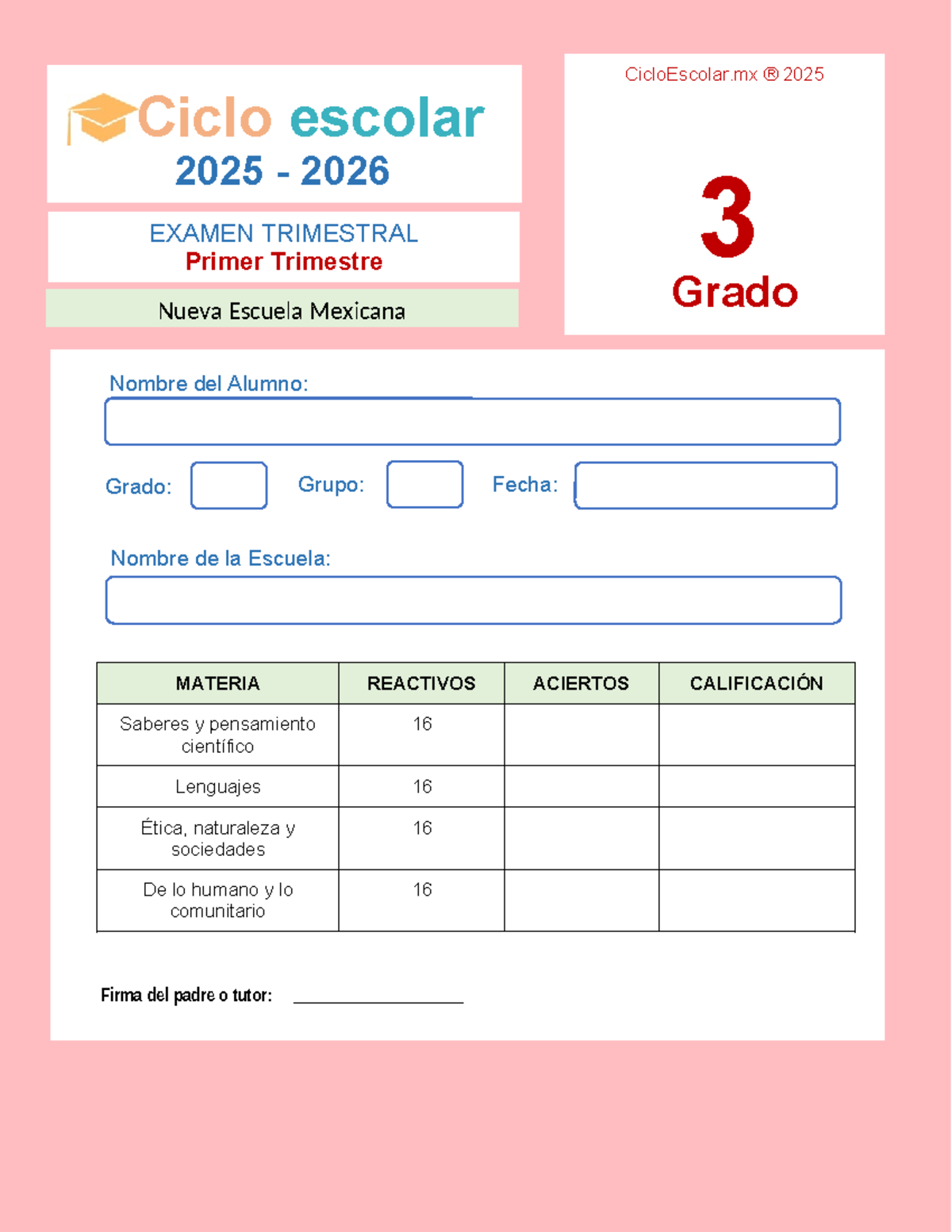 Examen Trimestral 2025-2026: 3er Grado - Primer Trimestre - Document Preview