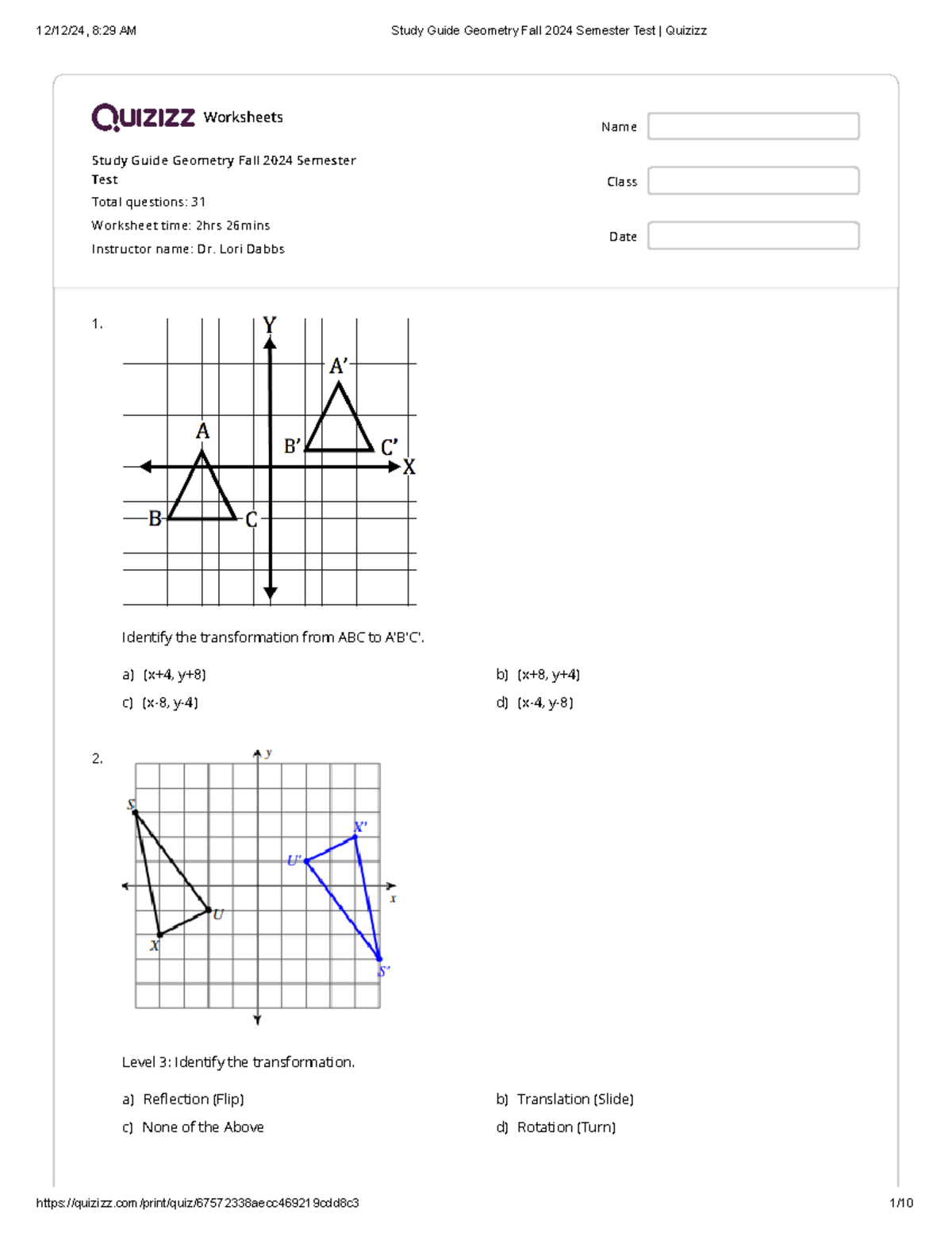 Study Guide Geometry Fall 2024 Semester Test Quizizz - Worksheets Study ...