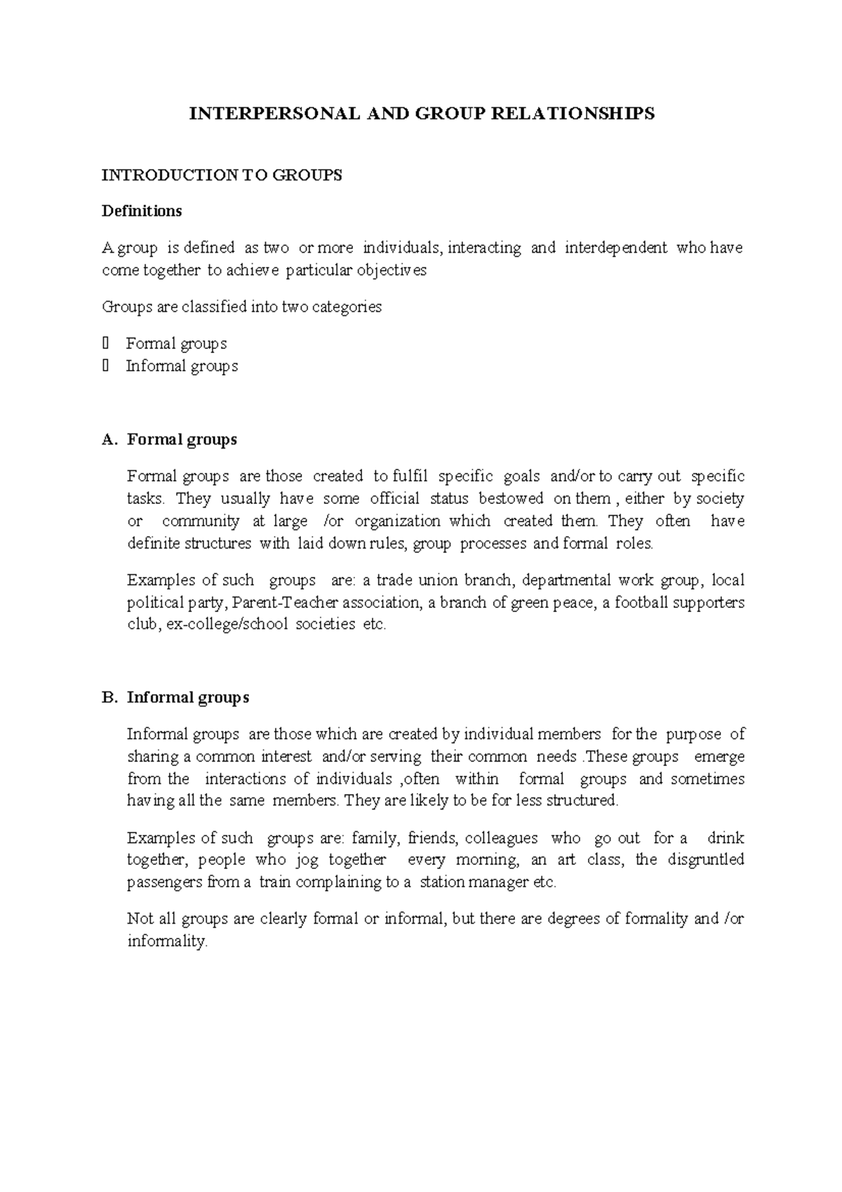 Interpersonal and Group Relationships: Definitions and Dynamics - Studocu