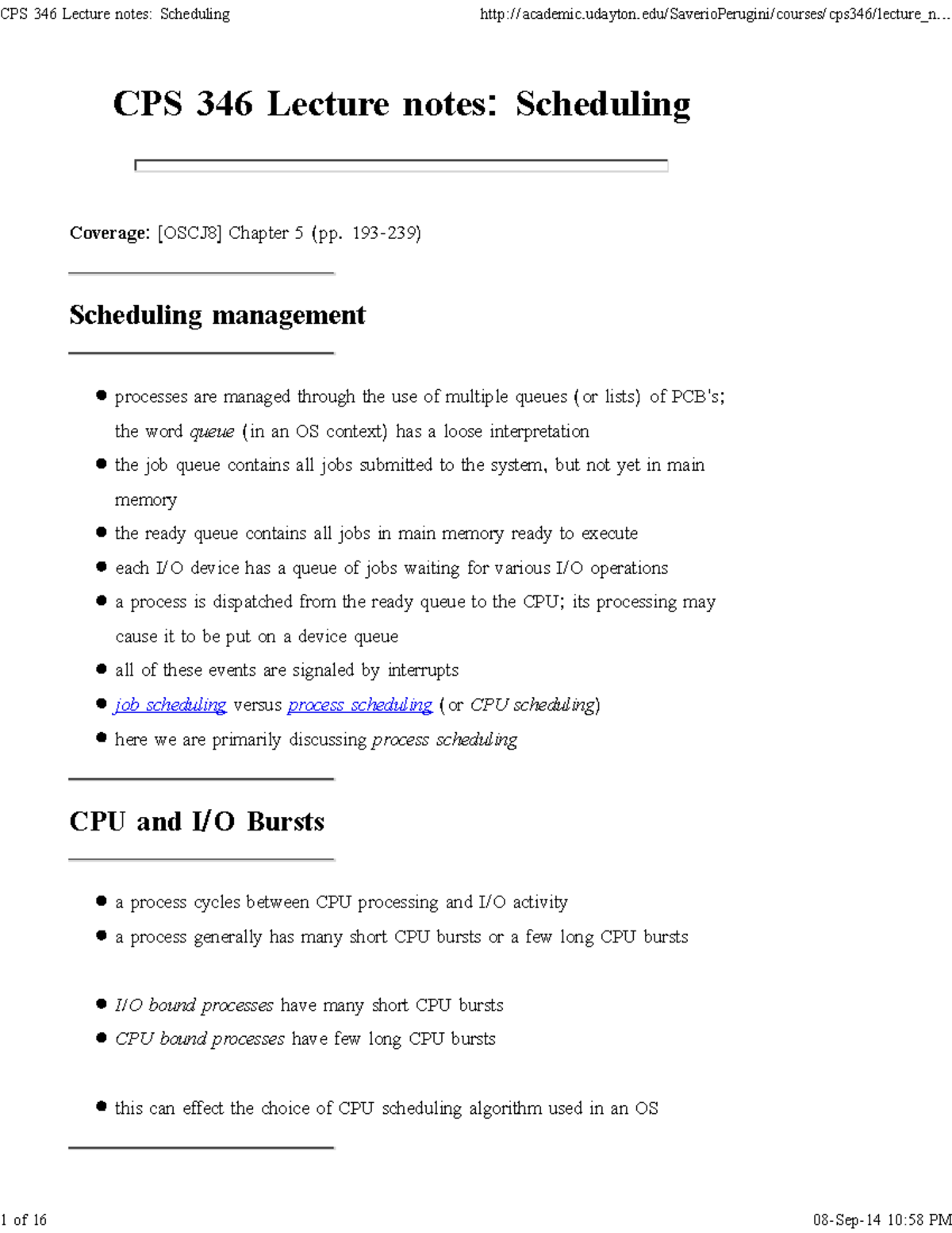CPS 346 Lecture Notes: Scheduling Overview and Key Concepts - Studocu