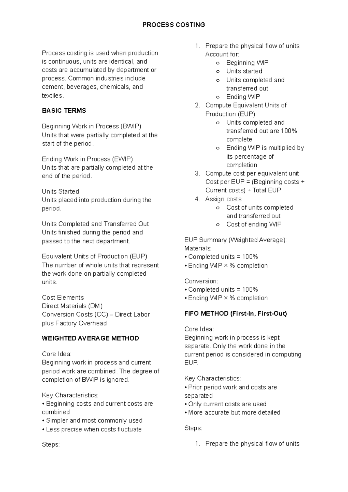 Process Costing (ACC 101) - Summary of Key Concepts and Methods - Studocu