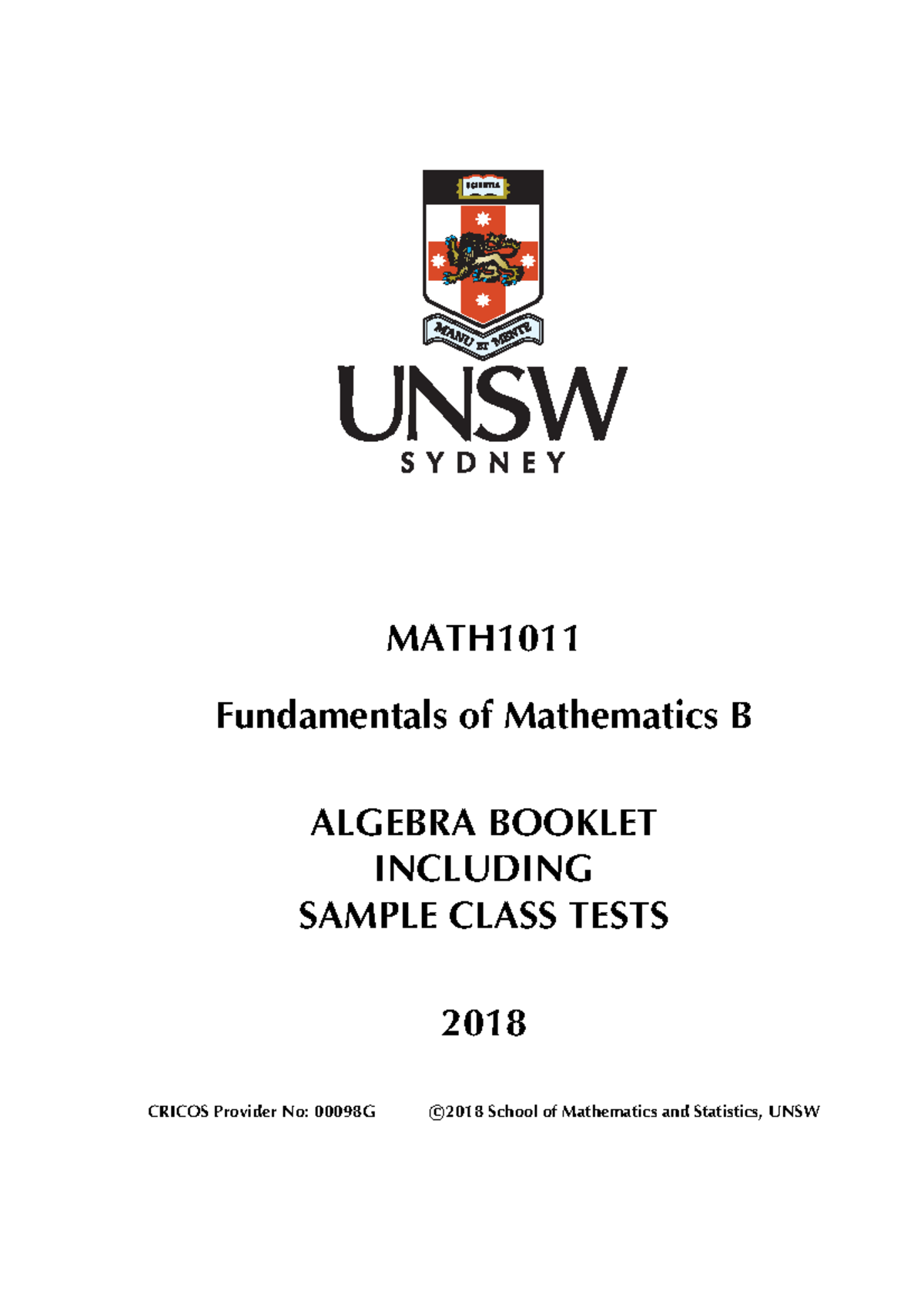 MATH1011 Algebra Notes 2018 S1 - MATH Fundamentals of Mathematics B ...
