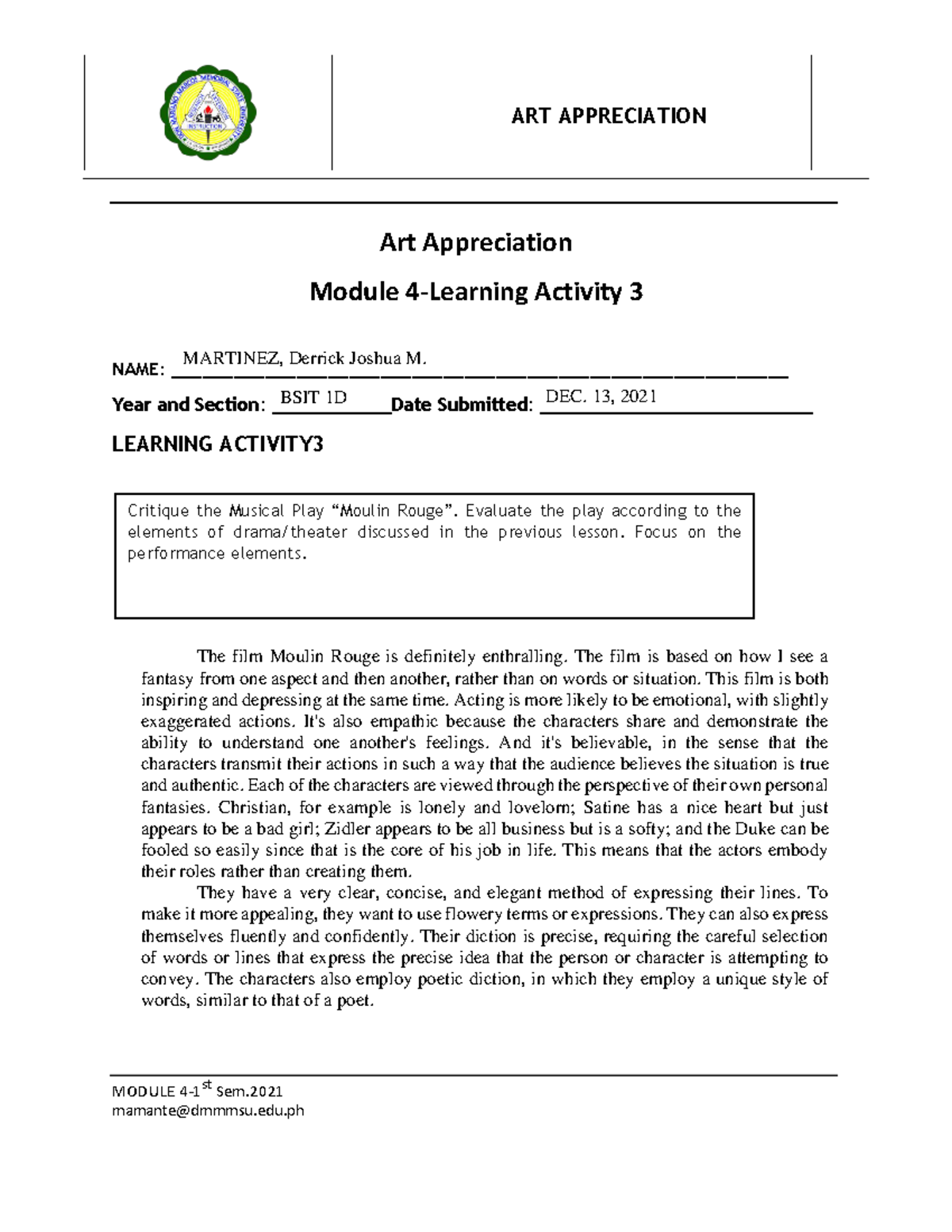 ART Appreciation LA 3 Module 4 - ART APPRECIATION Art Appreciation ...