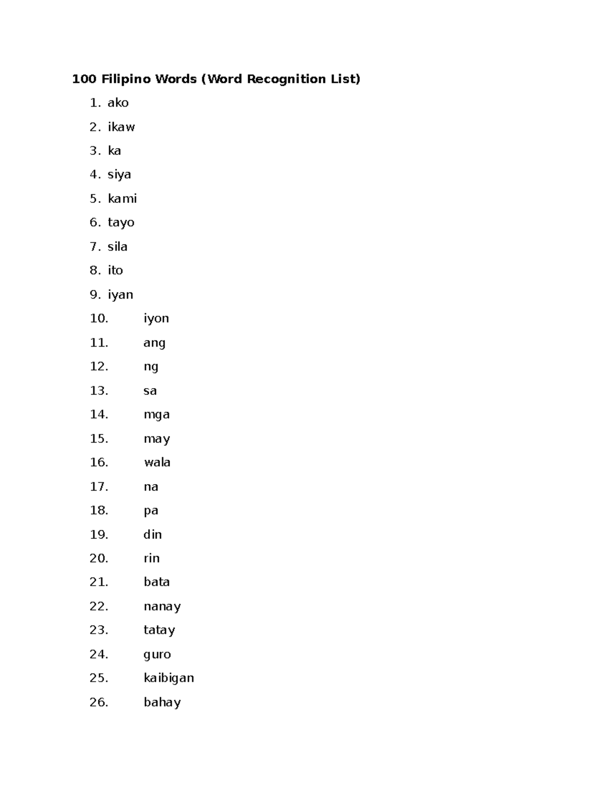 100 Filipino Words (Word Recognition List) for Language Study - Studocu