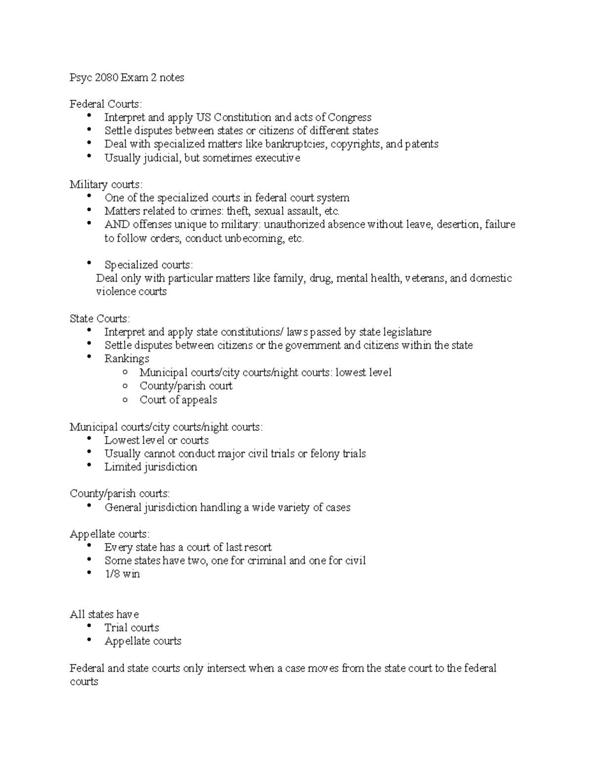 Psyc 2080 Exam 2: Overview of Federal and State Court Systems - Studocu