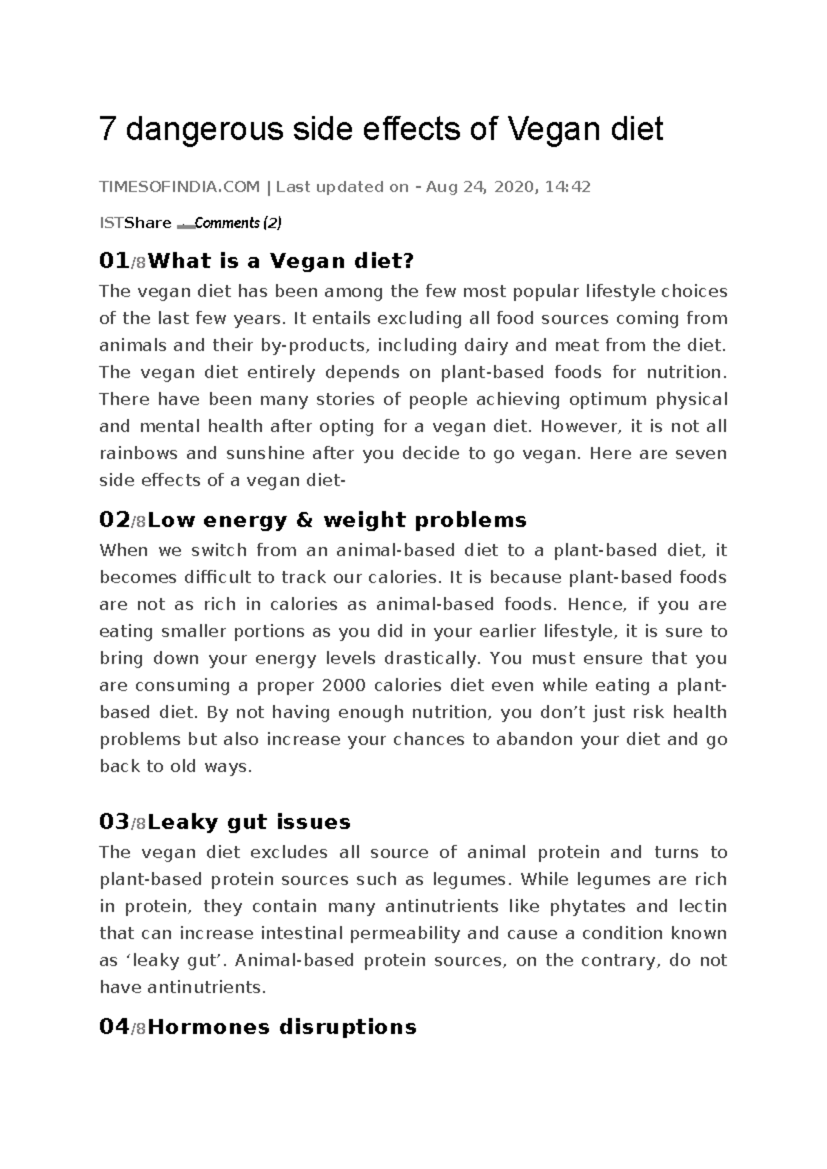 7 Side Effects of a Vegan Diet - fdrt Article - Studeersnel
